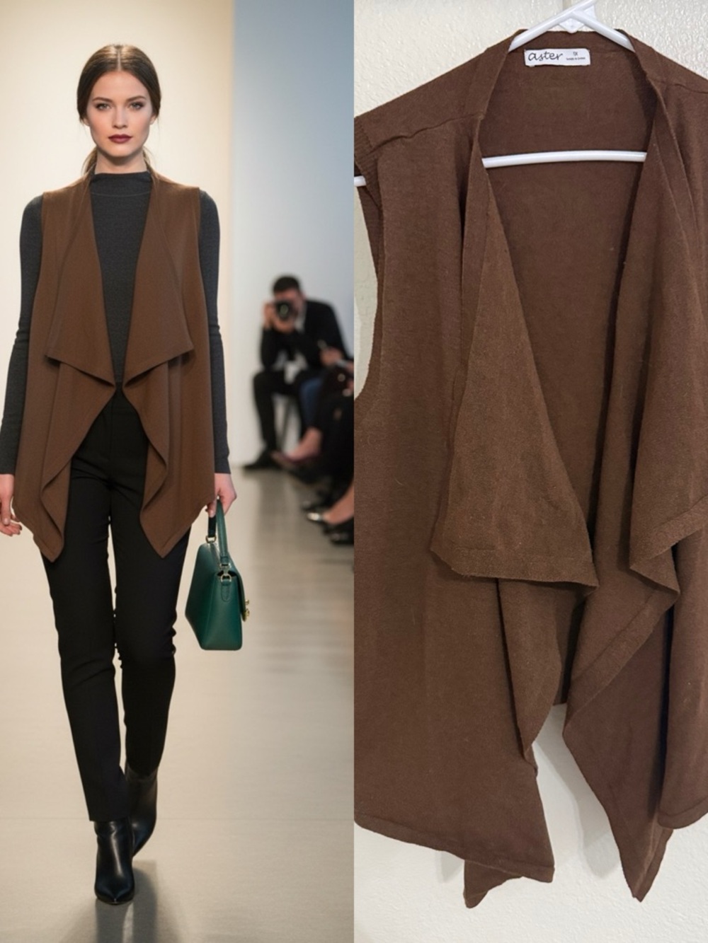 Aster Brown Waterfall Vest 1X Draped Open Front Lightweight Layering